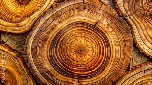 Warm, natural, and intricate patterns of wooden texture revealed in a macro shot, showcasing the organic beauty of tree rings and grain structures. photo