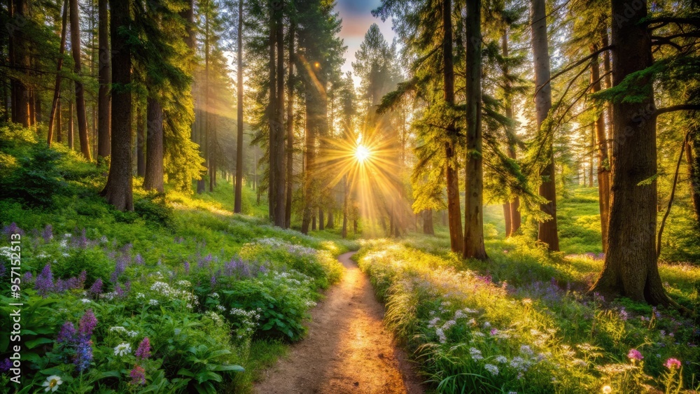 Obraz premium Warm sunlight filters through lush green foliage, illuminating a serene forest landscape with vibrant wildflowers and a winding dirt path surrounded by towering trees.