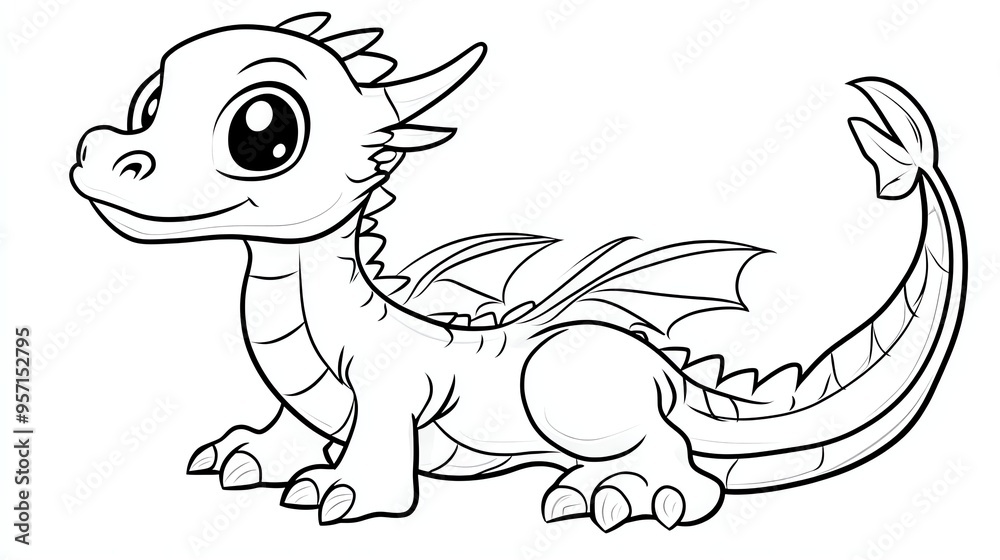 A cute cartoon dragon with big eyes and a friendly smile. The dragon is drawn in a simple, black and white style, perfect for coloring. A cute cartoon dragon with big eyes and a friendly smile. The dragon is drawn in a simple, black and white style, perfect for coloring.