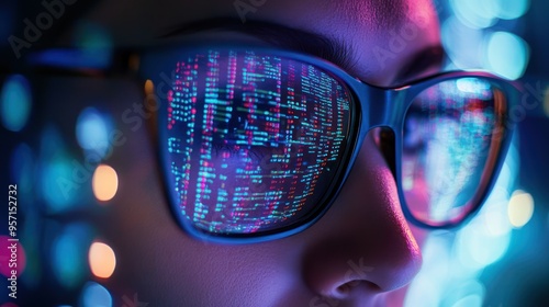 Closeup of Sunglasses Reflecting Computer Code photo