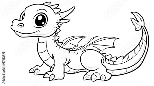 A cute cartoon dragon with big eyes and a friendly smile. The dragon is drawn in a simple, black and white style, perfect for coloring.