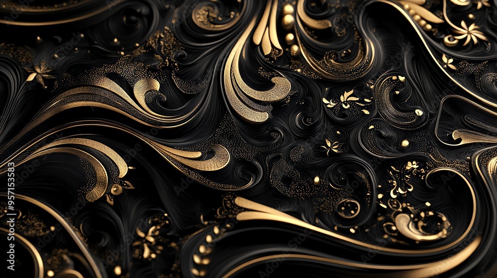 A luxurious abstract background with swirling black and gold patterns. A luxurious abstract background with swirling black and gold patterns.