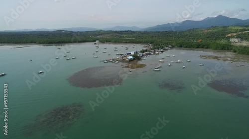Puerto Princesa in Palawan, Philippines.  Honda Bay with Coastline and Boats in Background. Sulu Sea. Drone