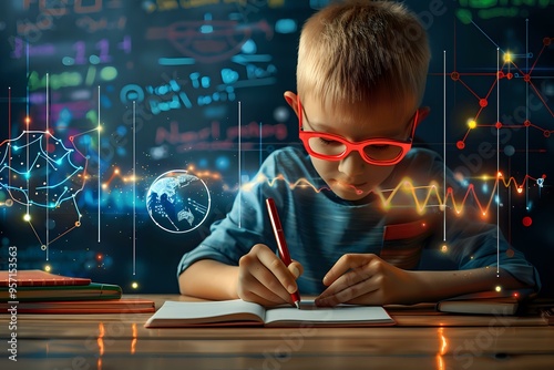 young boy wearing red glasses intensely focused on writing in a notebook, surrounded by holographic scientific and mathematical symbols. The image conveys themes of education, curiosity, photo