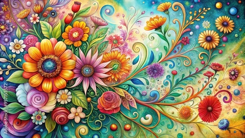 Whimsical, hand-drawn flowers in vibrant hues burst from a canvas, intertwining with swirling patterns and delicate lines, creating a dreamy, fantastical illustration of blooming beauty.