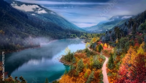 Sendero rústico junto a un río, en medio de un bosque profundo de otoño