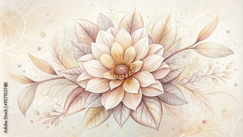 Whimsical hand-drawn illustration of a blooming flower with delicate petals and intricate details, set against a soft, white background with subtle texture and gentle shading.