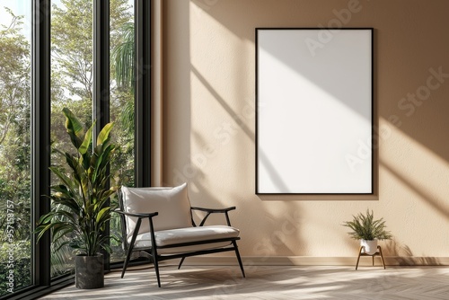 Poster Frame in Beige minimalist living room interior created with generative AI