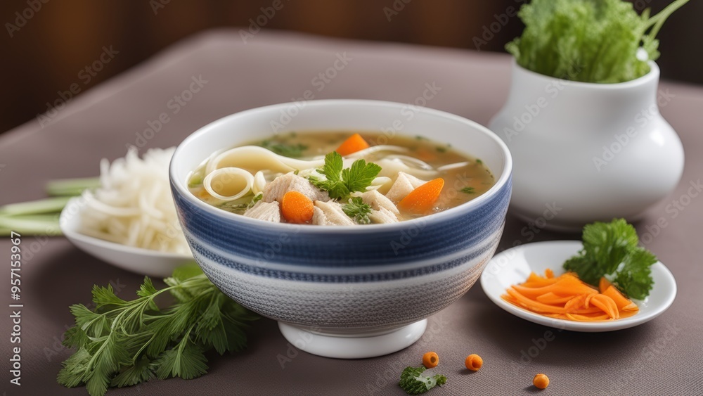 Bowl of steaming noodle soup with vegetables on a wooden table surrounded by garnishes and spices. Bowl of steaming noodle soup with vegetables on a wooden table surrounded by garnishes and spices.