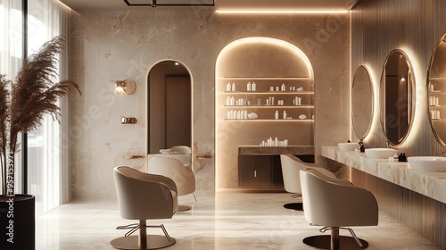 A luxurious salon interior with white chairs, marble floors, and gold accents.
