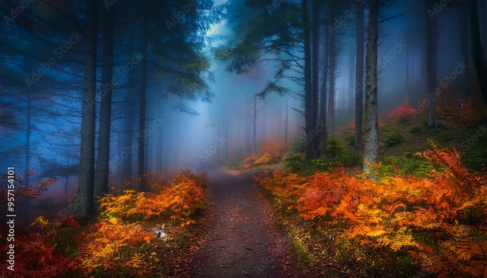 Obraz premium Sendero rústico en medio de un bosque profundo tenebre de otoño