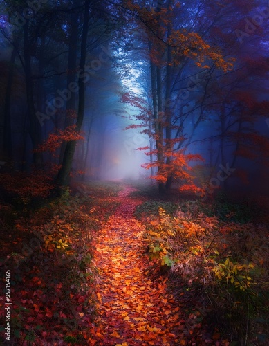 Sendero rústico en medio de un bosque profundo tenebre de otoño