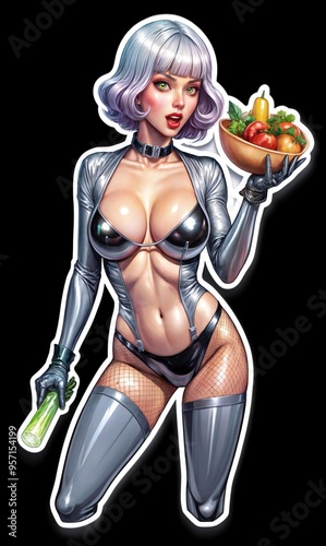 Digital portrait of girls in bikini,bodysuit with different food items and in different poses,sticker style isolated on black photo