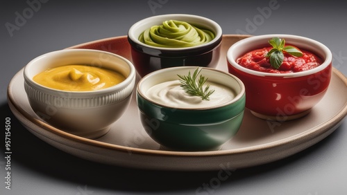 Four colorful dips olive cheese tomato sour cream served in small bowls on a wooden platter. 