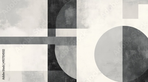 A minimalist abstract design with simple geometric shapes in shades of gray and white, creating a clean, modern aesthetic