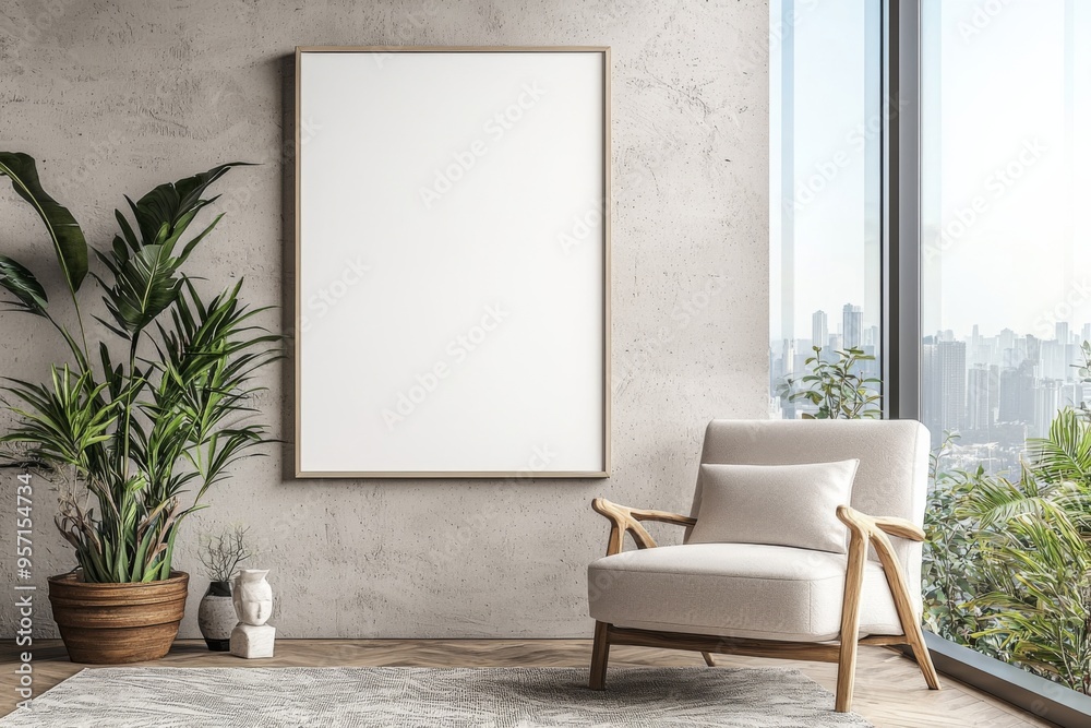 Poster Frame in Beige minimalist living room interior created with generative AI