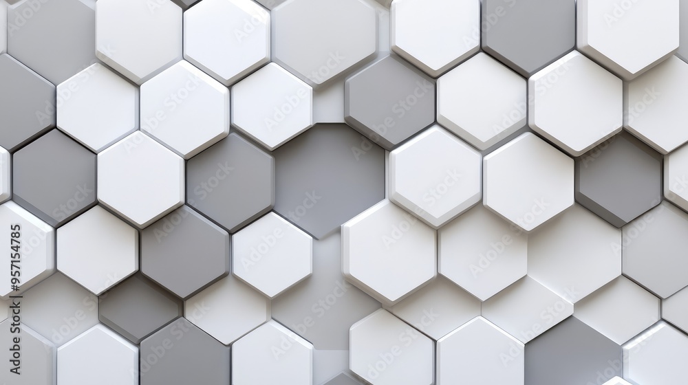 A minimalist abstract pattern of overlapping hexagons in shades of white and gray, creating a clean, modern design A minimalist abstract pattern of overlapping hexagons in shades of white and gray, creating a clean, modern design