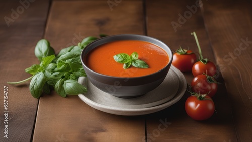 Rustic wooden table set with tomato-based red sauce basil leaves and cherry tomatoes.