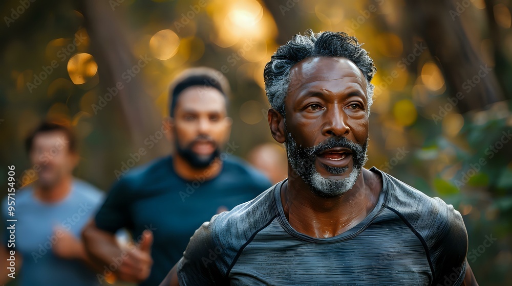 group of diverse men running outdoors, with a focus on an older man leading the group. The natural setting and dynamic motion convey themes of fitness, health, and active aging group of diverse men running outdoors, with a focus on an older man leading the group. The natural setting and dynamic motion convey themes of fitness, health, and active aging