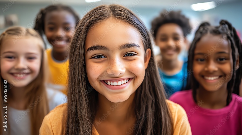 A group of diverse children smile brightly, showcasing their individuality and the joy of friendship. A group of diverse children smile brightly, showcasing their individuality and the joy of friendship.