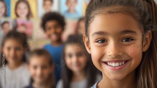 A young girl with long brown hair smiles brightly, her eyes sparkling with joy. The background is blurred, creating a soft and dreamy effect.