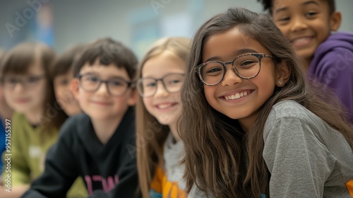 A group of children, all wearing glasses, smile for the camera. The girl in the center is the focus of the image.