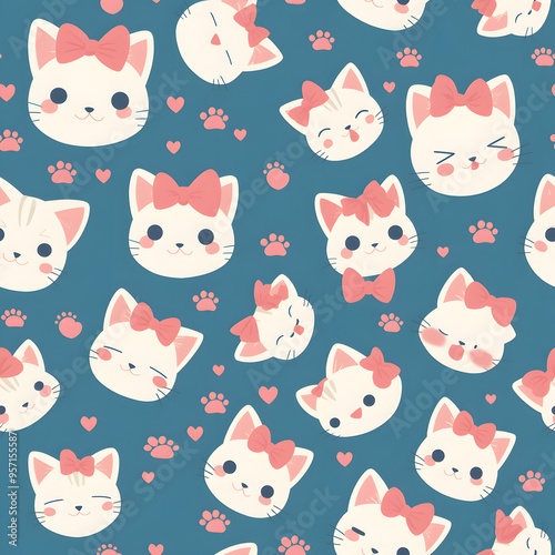 Cute cartoon cat face seamless pattern background.