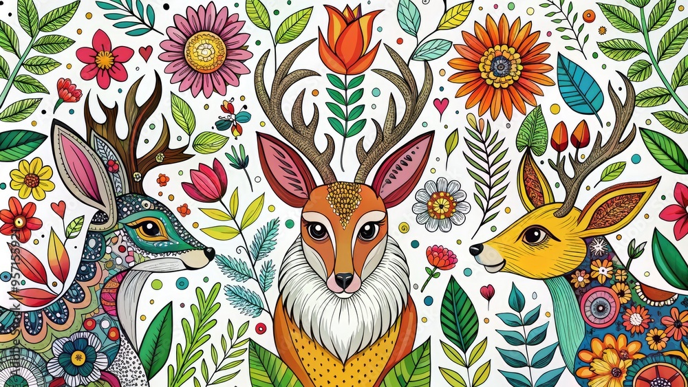 Whimsical illustration of a fox, rabbit, and deer in bold black outlines, adorned with vibrant florals, leaves, and geometric patterns on a white background. Whimsical illustration of a fox, rabbit, and deer in bold black outlines, adorned with vibrant florals, leaves, and geometric patterns on a white background.