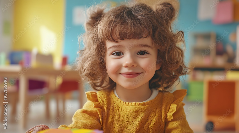 A little girl with curly hair smiles sweetly at the camera. She is wearing a yellow sweater and is sitting in a classroom. A little girl with curly hair smiles sweetly at the camera. She is wearing a yellow sweater and is sitting in a classroom.
