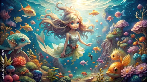 whimsical underwater fairy tale illustrations of little mermaids and ocean creatures photo