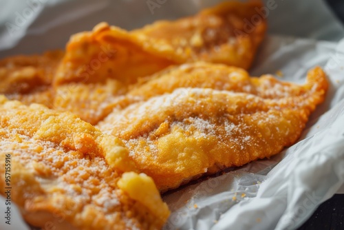 Golden-brown fried fish with a crispy texture, perfectly cooked and dusted with a hint of salt, served hot and mouthwateringly inviting. photo