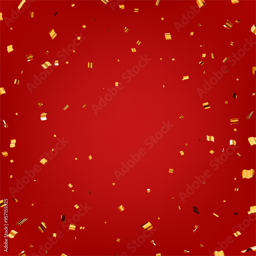 3D party gold confetti on red background. Render golden confetti collection. Metal firecracker elements in various shapes. Party, holyday, surprise or birthday events. Vector illustration
