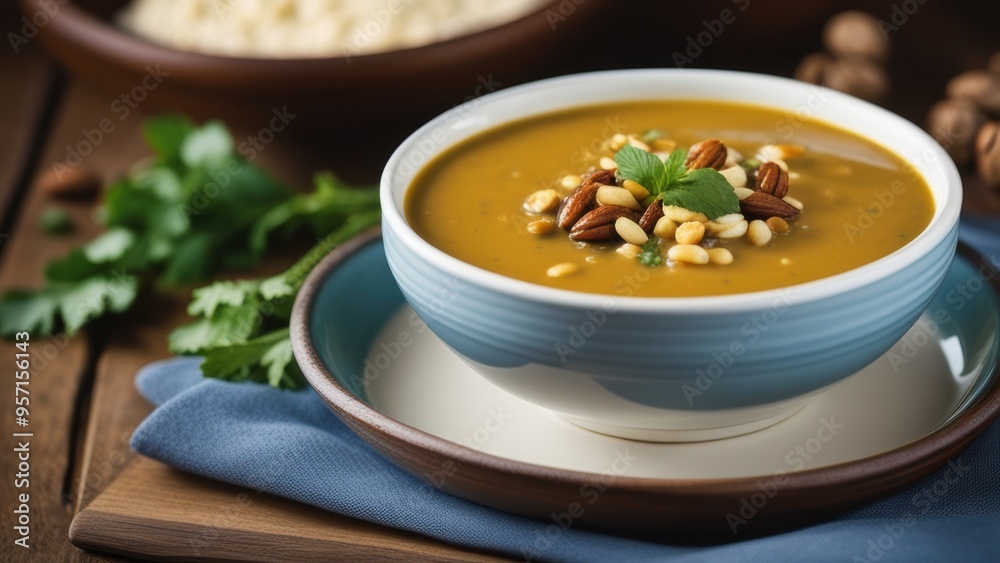 A bowl of creamy Indian-style chicken curry on a wooden table. A bowl of creamy Indian-style chicken curry on a wooden table.