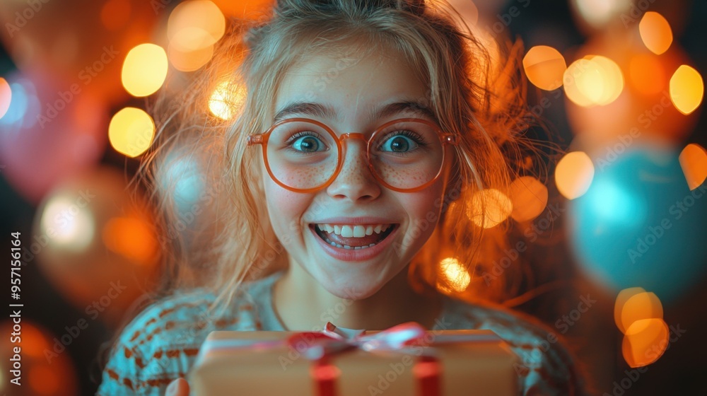 Young Girl's Surprised Face as She Holds a Gift Young Girl's Surprised Face as She Holds a Gift