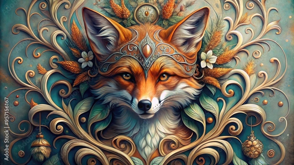Obraz premium Whimsical illustration of a fox wearing a Venetian-style mask, surrounded by ornate scrollwork and florals, in a mix of traditional and digital sketching techniques.