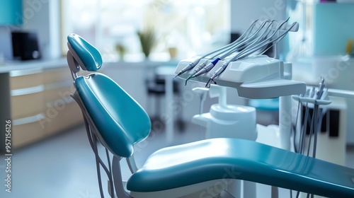 A close-up of a dental chair with a blue leather seat. The chair is in a modern dental office and is ready for a patient.