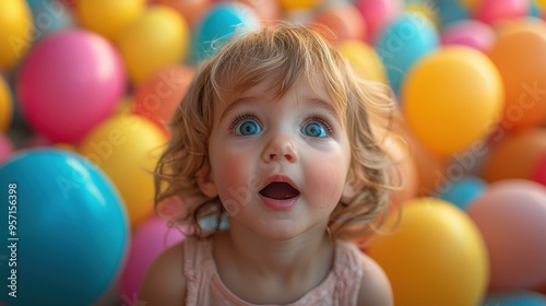 Blond Girl Surprised by a Sea of Colorful Balloons