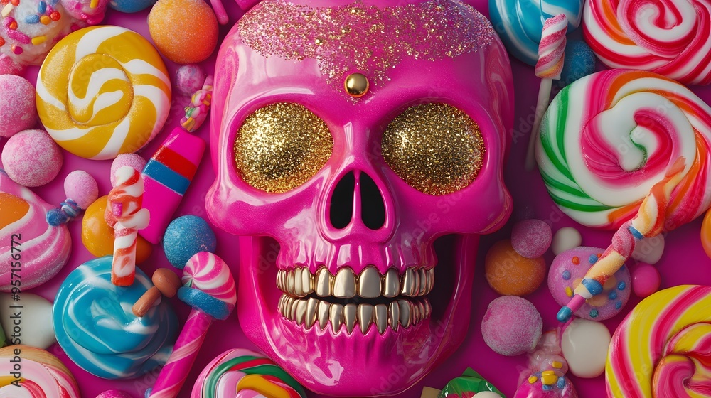 Fototapeta premium Pink Skull with Gold Teeth Surrounded by Colorful Candies
