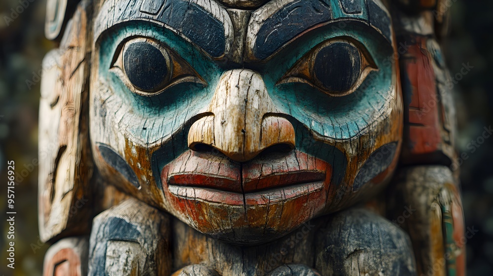 Closeup of Carved Totem Pole Face with Intricate Details Closeup of Carved Totem Pole Face with Intricate Details