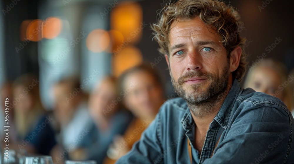 A man with a beard and blue eyes is sitting at a table with a group of people A man with a beard and blue eyes is sitting at a table with a group of people