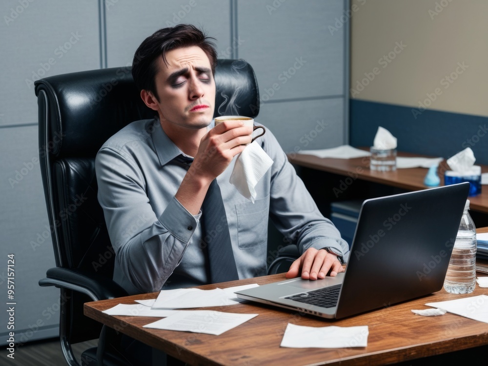A sick young man works in the office at a desk, sits in a chair in front of a laptop, holds a cup with a drink in his hand and wipes his nose with a napkin A sick young man works in the office at a desk, sits in a chair in front of a laptop, holds a cup with a drink in his hand and wipes his nose with a napkin