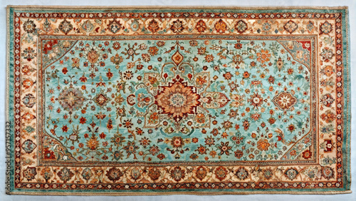 Texture old of traditional Persian carpet red turquoise pattern. Oriental rug with intricate pattern