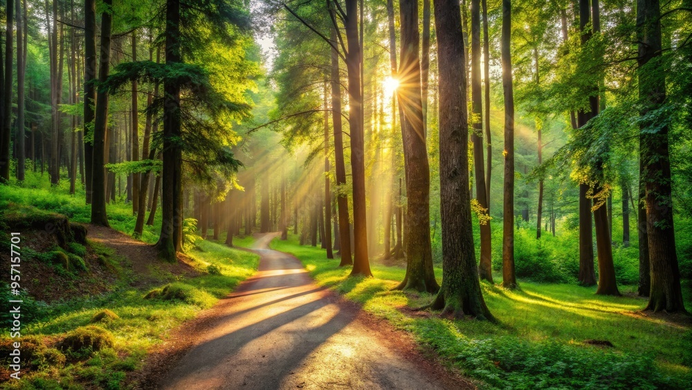Obraz premium Winding dirt path disappears into lush green forest, surrounded by tall trees with dappled sunlight filtering through, creating a serene and peaceful natural background.