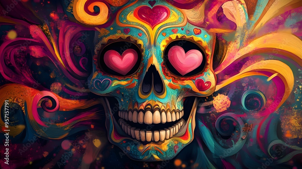 Colorful Sugar Skull with Heart Eyes and Abstract Background