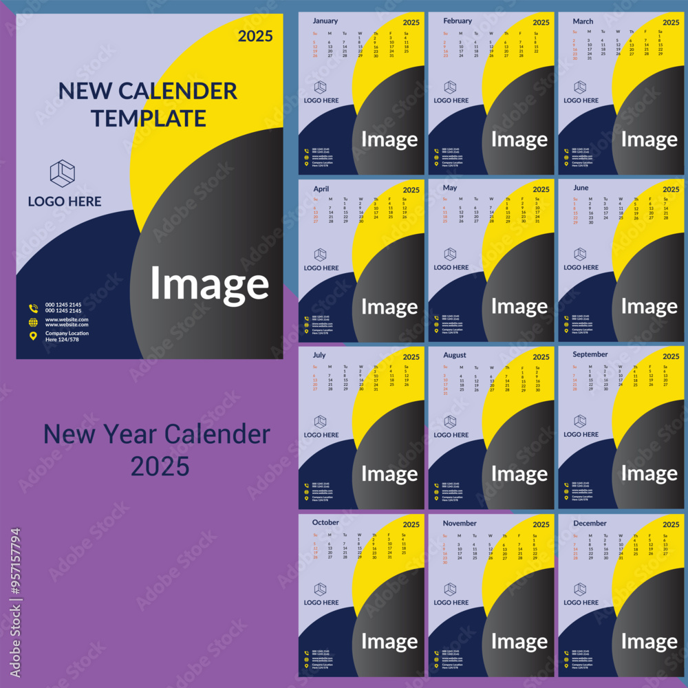 2025 Tabel Calender Free vector Design wall calendar template