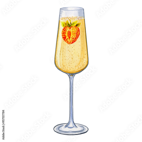 Champagne in flute glass with strawberry inside watercolor illustration. Hand drawn image of wine drink and prosecco serving in bar. Festive cocktail for Valentine's Day.