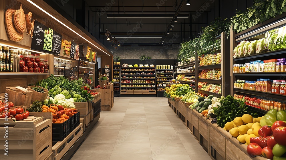 A well-stocked grocery store aisle with fresh produce and packaged goods. A well-stocked grocery store aisle with fresh produce and packaged goods.