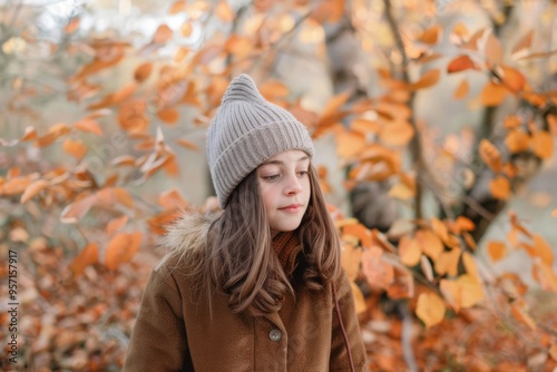 A young girl standing among vibrant autumn leaves, wearing a cozy coat and beanie, enveloped by the warm hues of fall foliage.