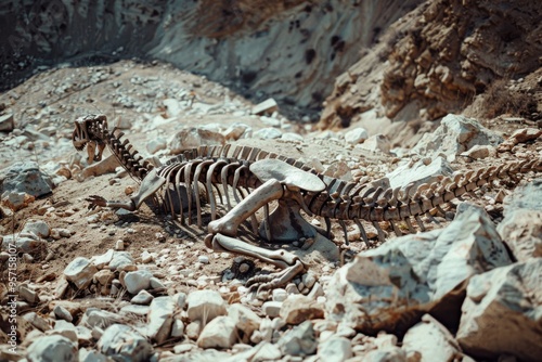 Fossilized dinosaur skeleton rests among rocky terrain, sunlight casting stark shadows in a desolate landscape, emphasizing ancient mystery.