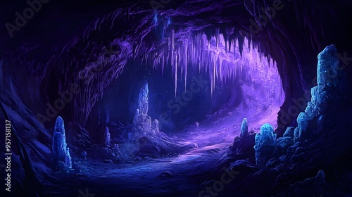 Glowing Blue and Purple Fantasy Cave with Stalactites